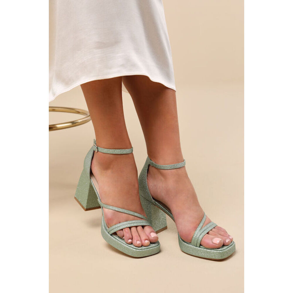 Lulus Antinea Green Glitter Platform Ankle Strap High Heel Sandals - Size 7